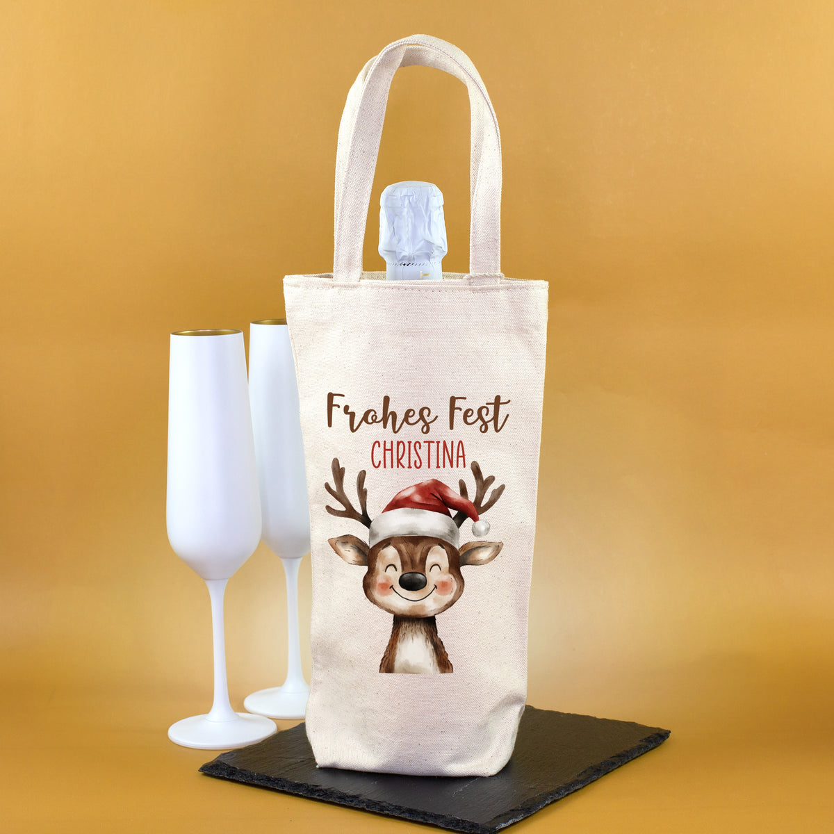 Personalisierte Flaschentasche zu Weihnachten mit Rentier Motiv und Name Christina