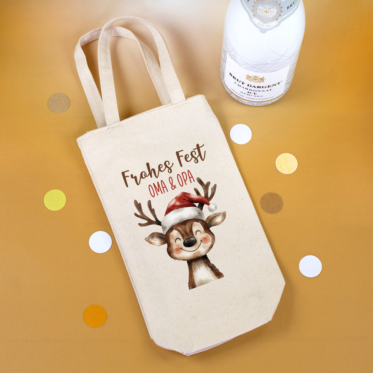 Flaschentasche aus Baumwolle mit Rentier Motiv und Personalisierung Mama und Opa