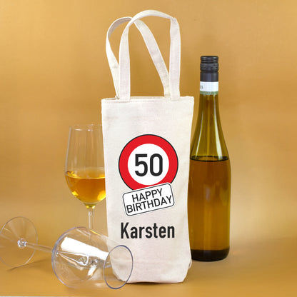 Personalisierte Flaschentasche zum 50. Geburtstag mit Name Karsten und Verkehrszeichen Motiv