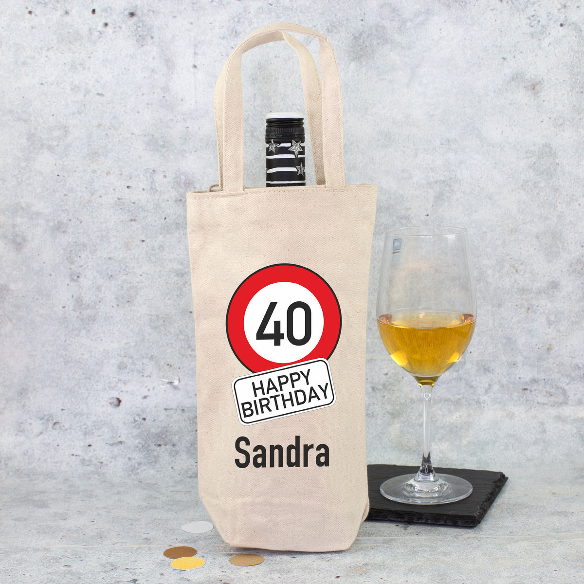Flaschentasche zum 40. Geburtstag mit Name Sandra als Verpackung für Wein