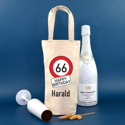 Flaschentasche mit Verkehrszeichen Motiv zum 66. Geburtstag und Name Harald