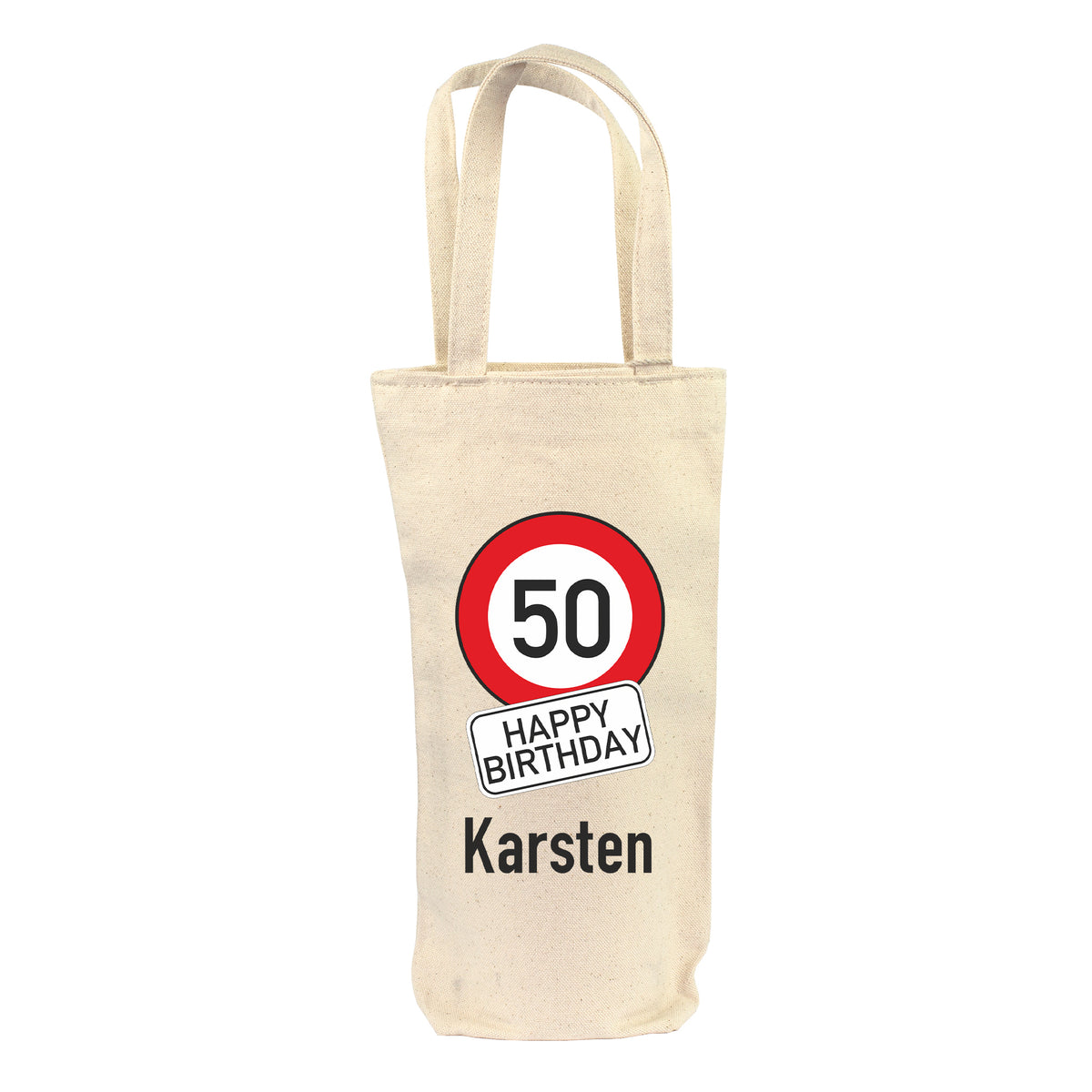 Freigestellte Flaschentasche mit Alter 50, Happy Birthday und Name Karsten