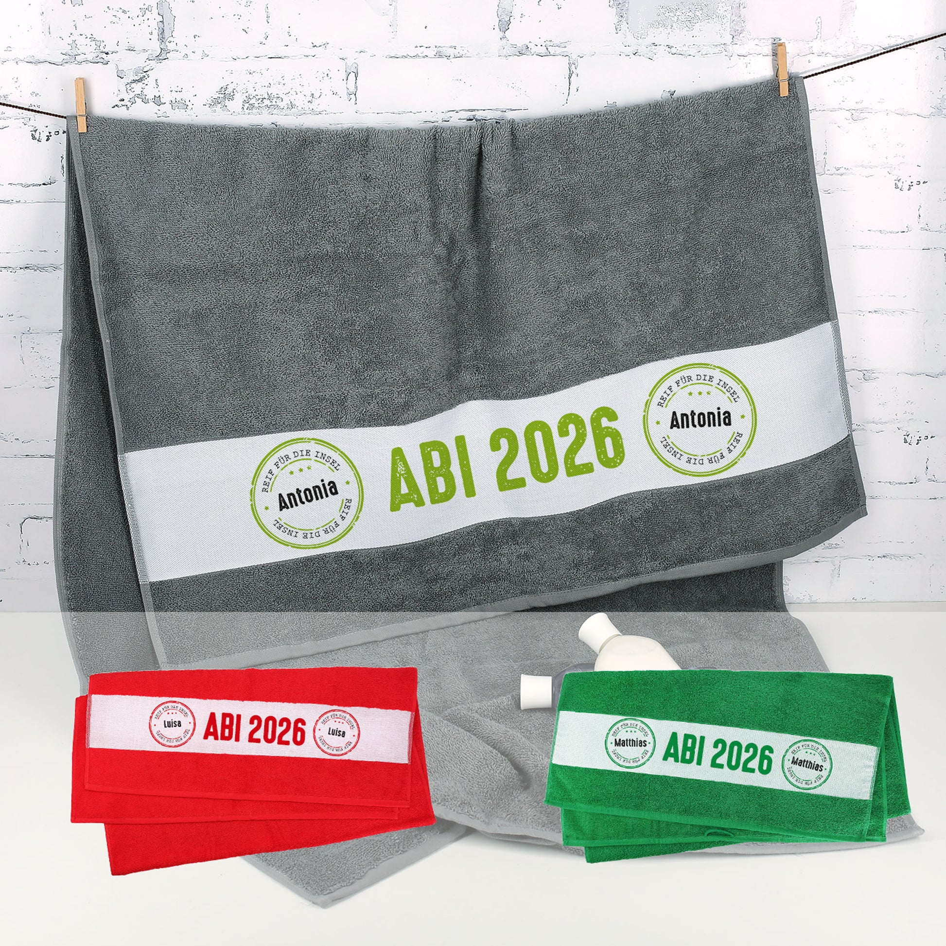Abi Badetuch mit Name - Reif für die Insel - Varianten