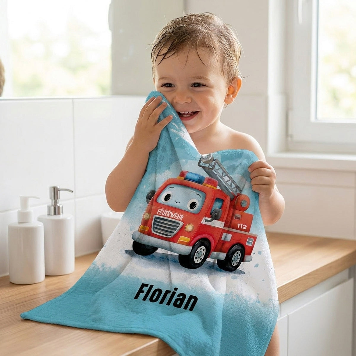 Handtuch mit Feuerwehr Motiv und Name personalisiert für Jungen –