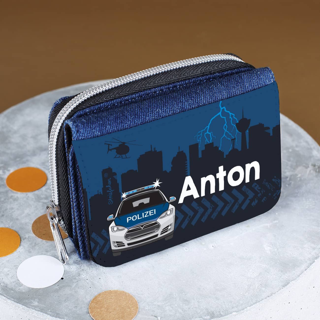 Geldbörse in Jeans-Optik mit Polizeimotiv und Wunschname