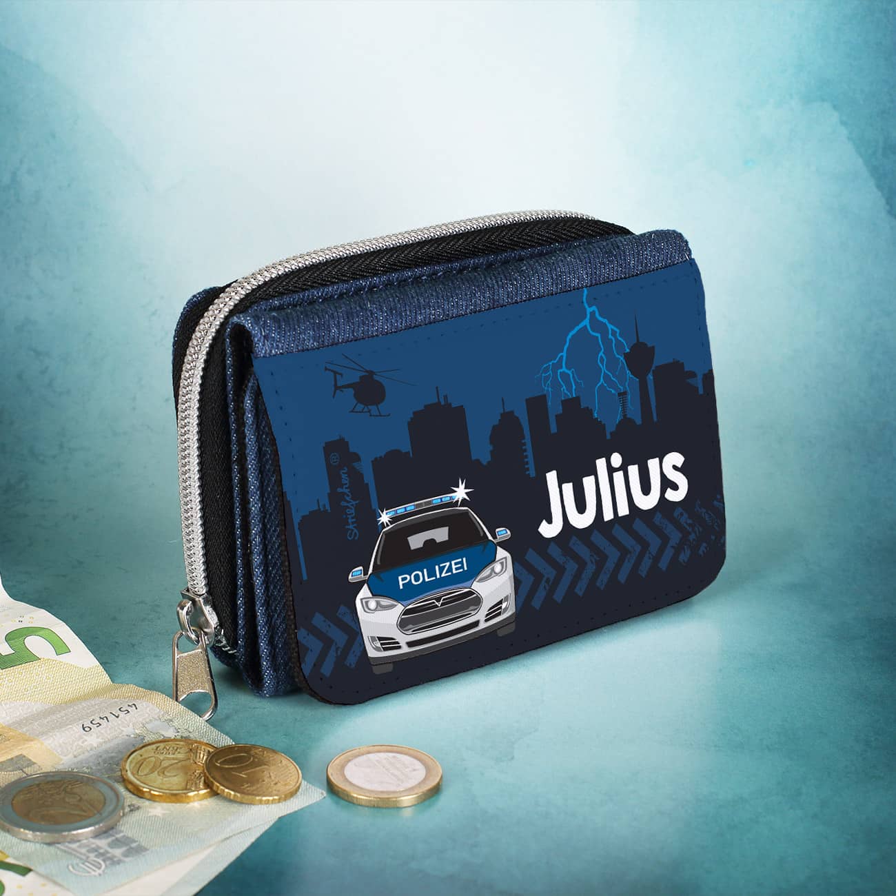 Personalisierte Geldbörse mit Wunschname und Polizeiauto bedruckt