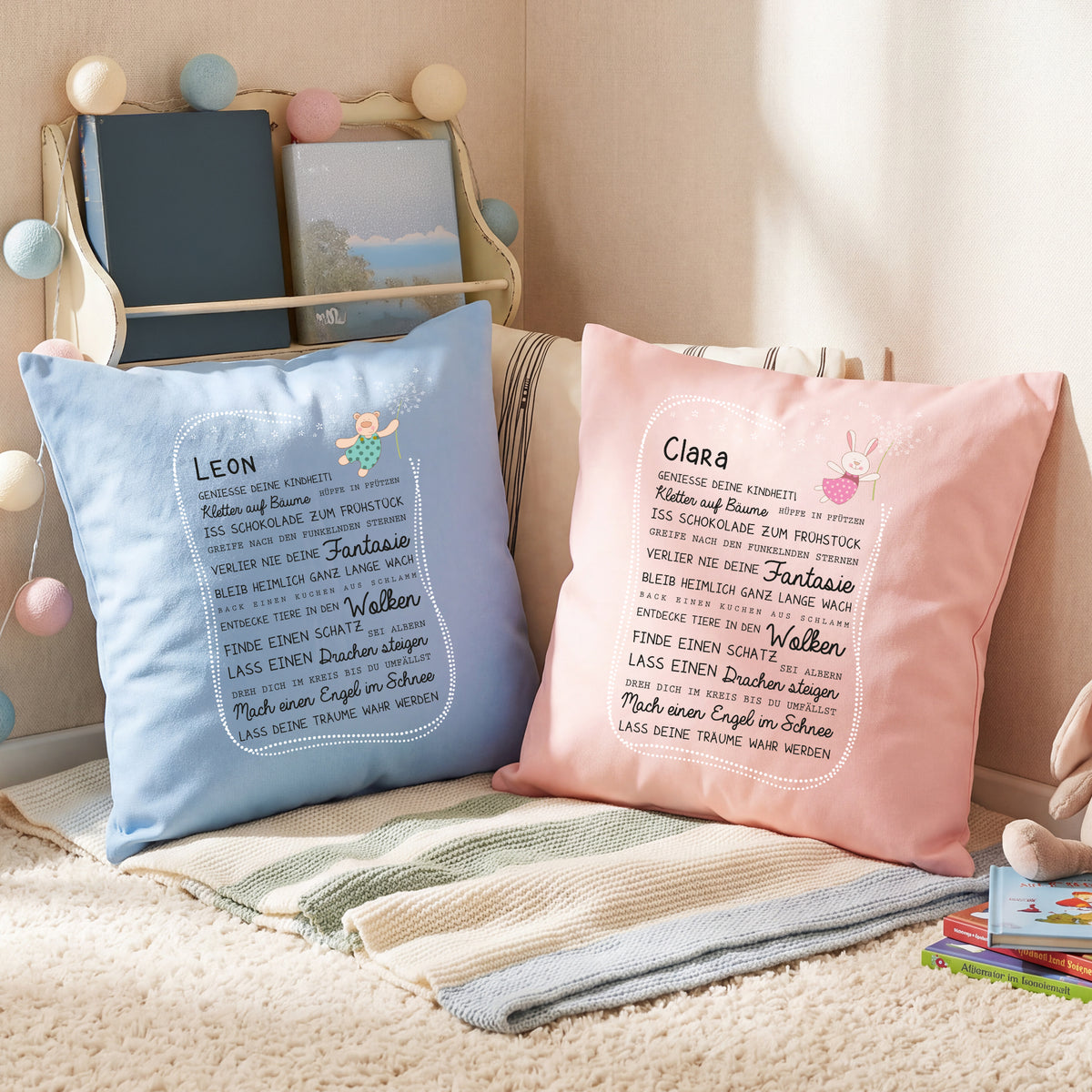 Kissen für Kinder mit Name & Kindheit Spruch personalisiert Hase & Bär –