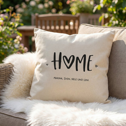 Naturfarbenes HOME Kissen mit Wunschtext Marina Sven Nele und Leni
