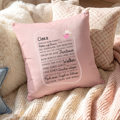 Personalisiertes Mädchen Kissen in Rosa mit Name Clara, Hasen Motiv und Kindheit Spruch