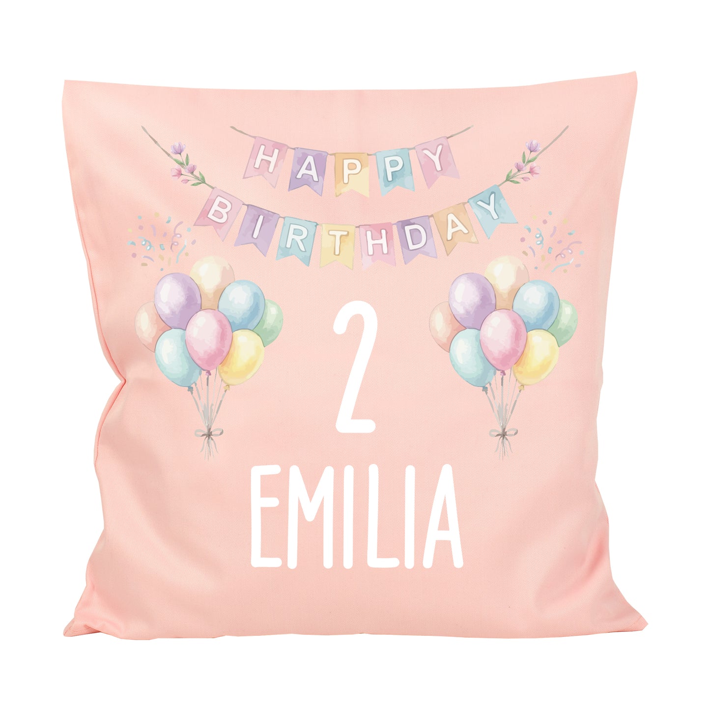 Rosa personalisiertes Geburtstagskissen freigestellt mit Ballons, Zahl 2 und Name Emilia