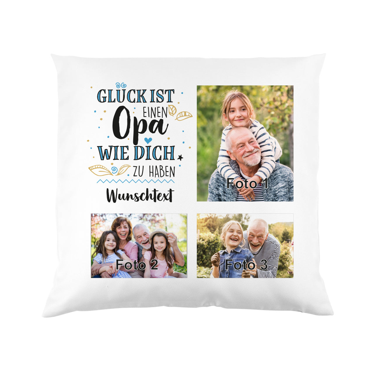 Weißes Kissen für Opas mit drei Fotos und Wunschtext