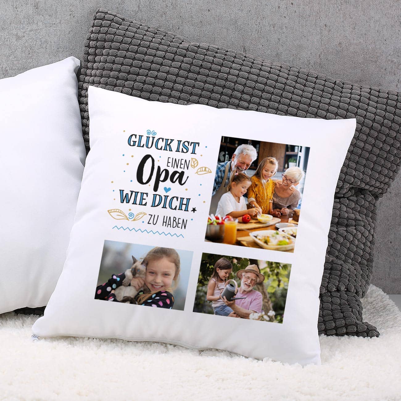 Weißes Kissen für Opas mit drei Fotos und Wunschtext