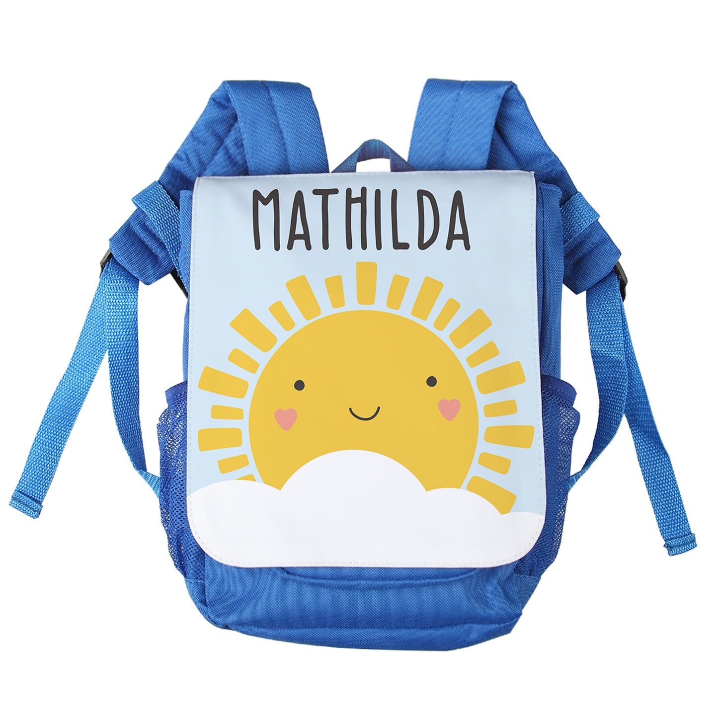 Personalisierter blauer Kinderrucksack mit Sonne Motiv und Name Mathilda auf weißem Hintergrund