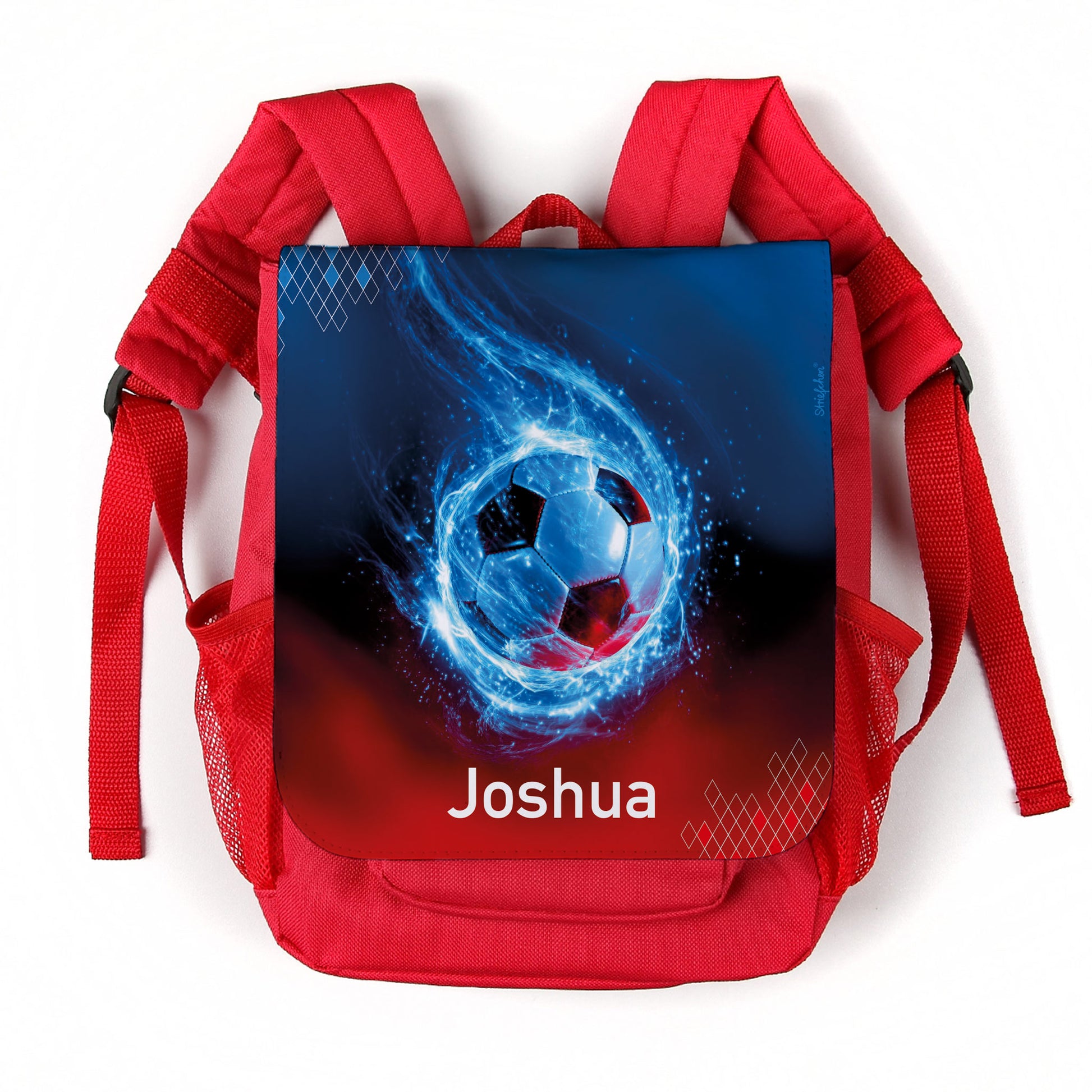 Roter Kindergartenrucksack mit Fußball-Motiv und Name Joshua