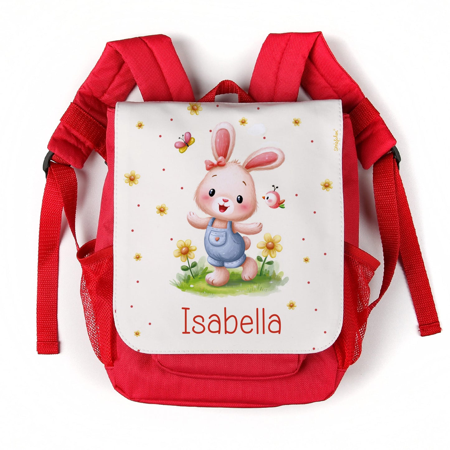 Personalisierter Kindergartenrucksack für Mädchen mit Hase, Blumen und Name Isabella auf weißem Hintergrund