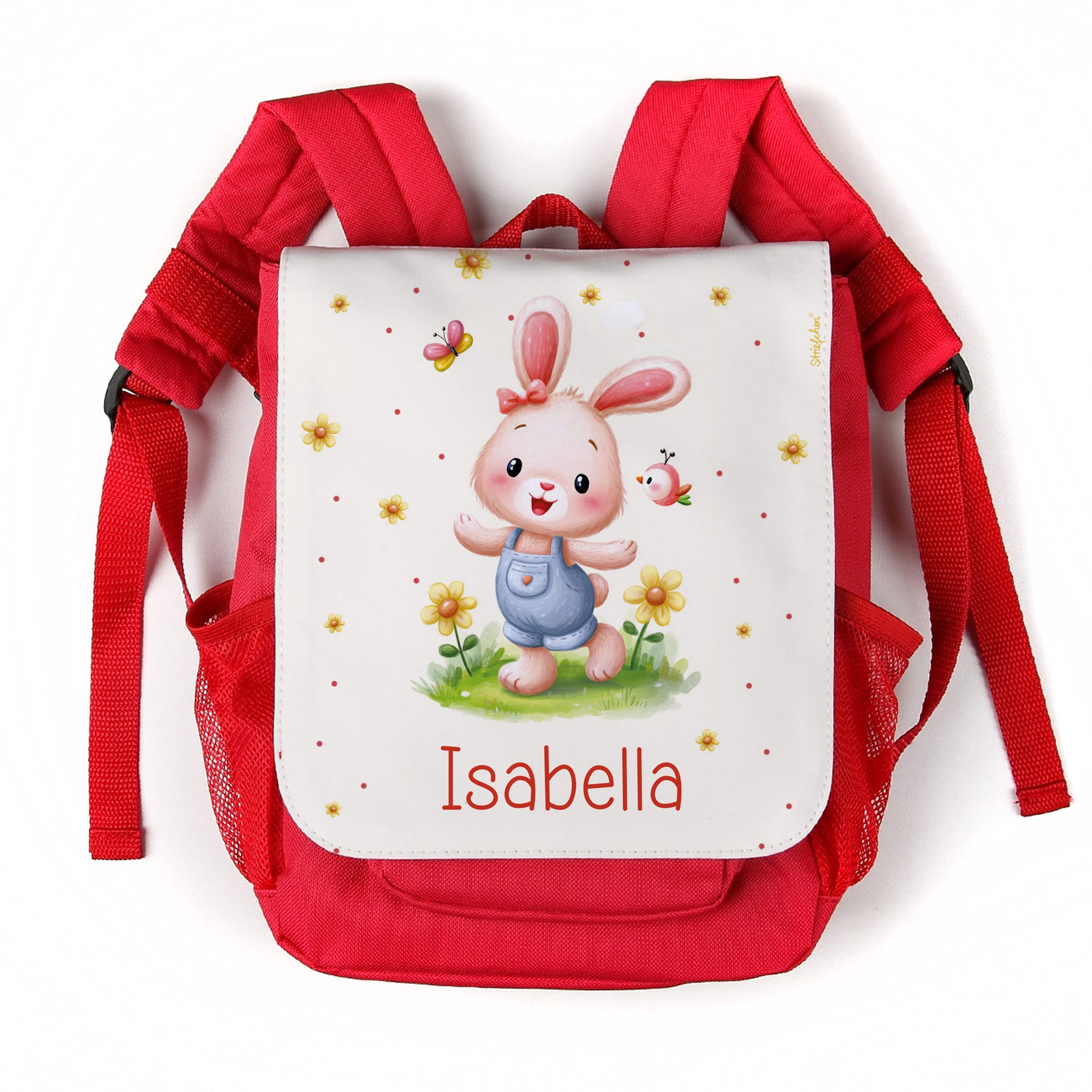 Personalisierter Kindergartenrucksack für Mädchen mit Hase, Blumen und Name Isabella auf weißem Hintergrund