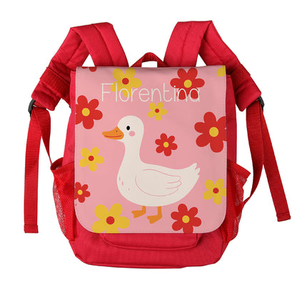 Roter Kindergartenrucksack mit Gans und Blumen Motiv, personalisiert mit Name Florentina auf weißem Hintergrund