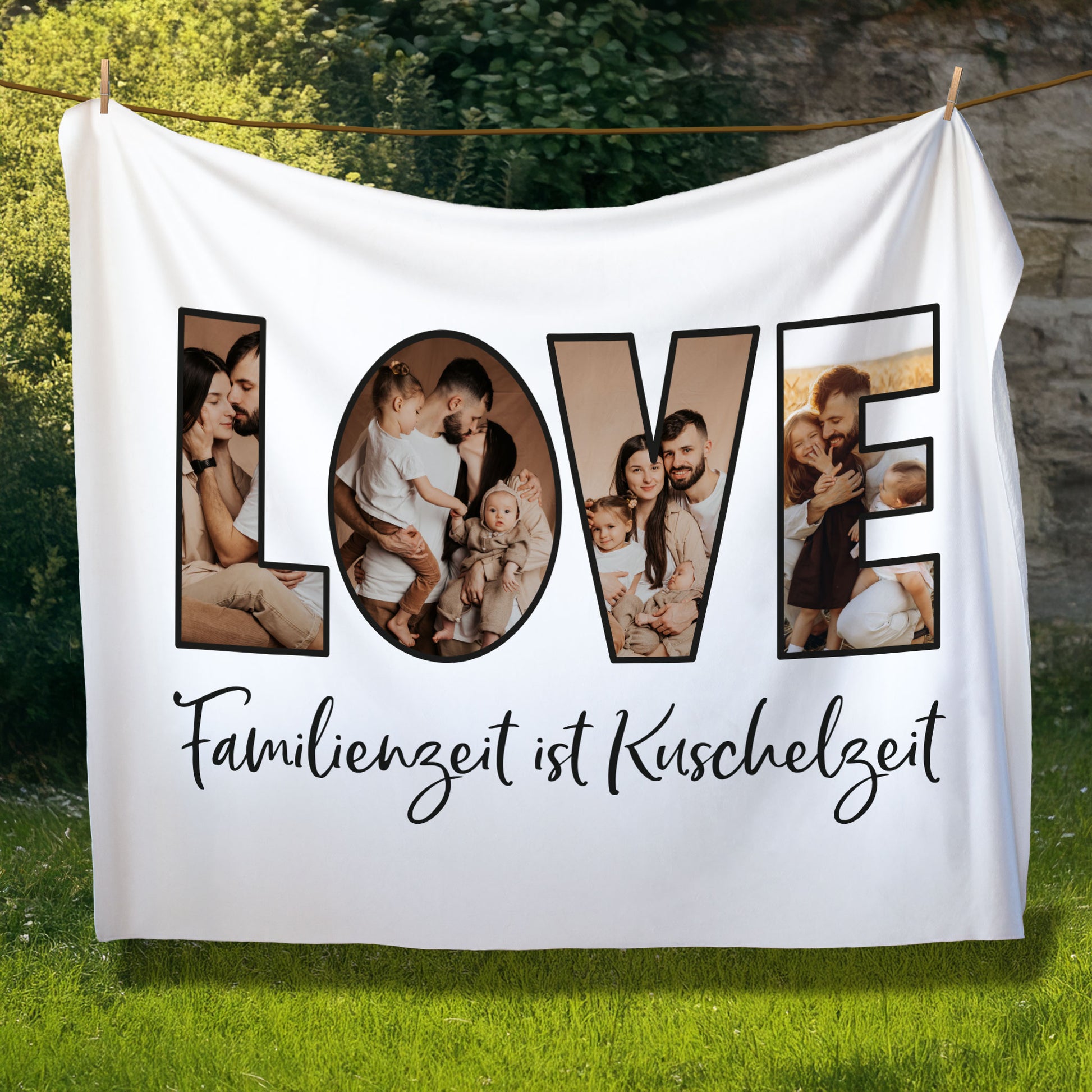 Personalisierte Kuscheldecke mit LOVE Design und Namen „Mirko & Julia“, Fotodecke hängt draußen an einer Wäscheleine
