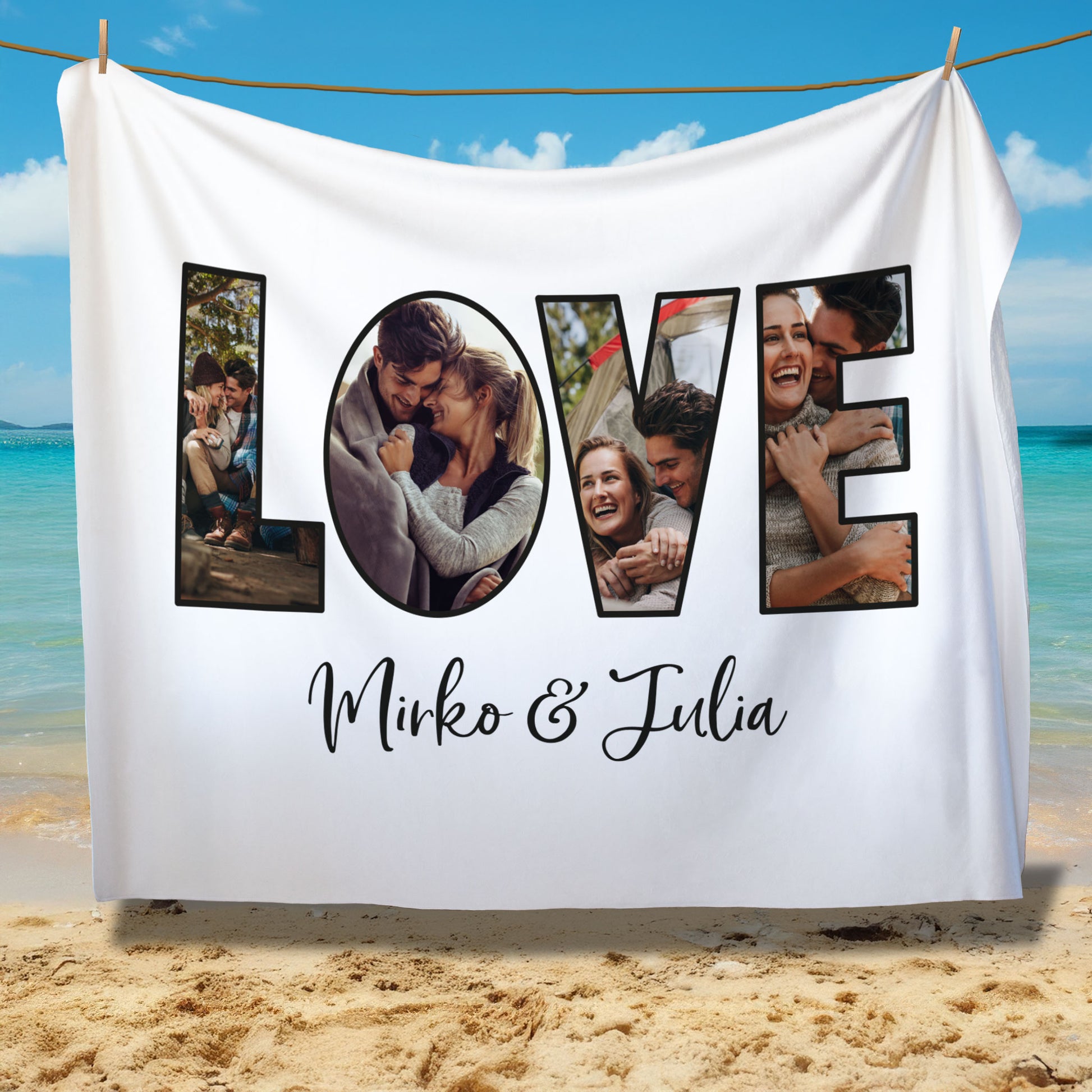 XXL Kuscheldecke mit LOVE Motiv und 4 Fotos als personalisierte Decke für Paare, aufgehängt vor Strandhintergrund