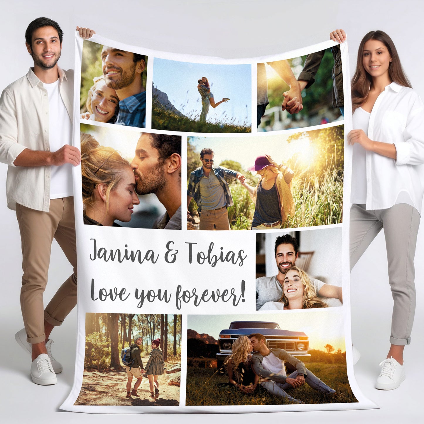 Personalisierte Kuscheldecke XXL mit 8 Fotos und Wunschtext in Schwarz-Weiß Design