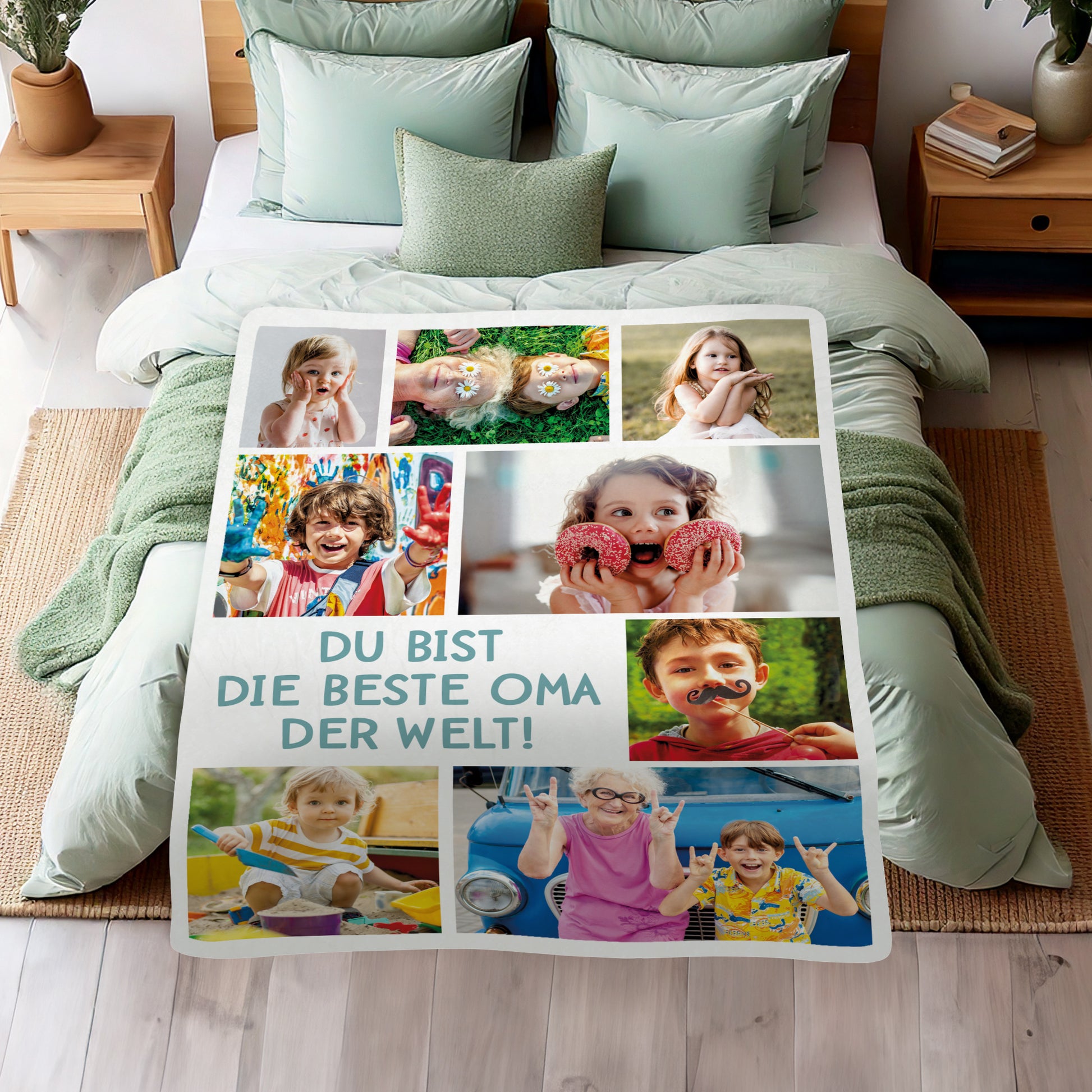 Fotodecke XXL mit 8 Fotos und Spruch für Oma – personalisierte Kuscheldecke