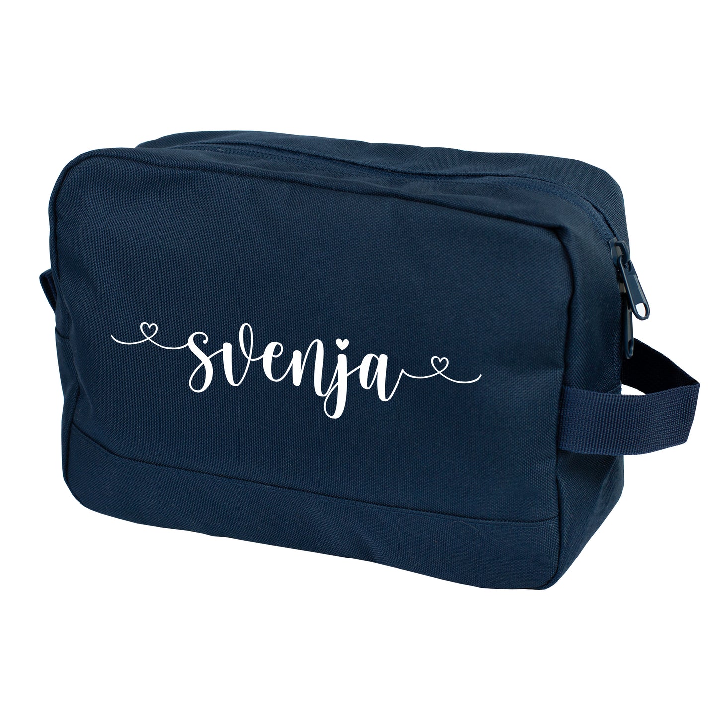 Dunkelblaue Kulturtasche mit weißem Namensaufdruck „Svenja“ freigestellt auf weißem Hintergrund