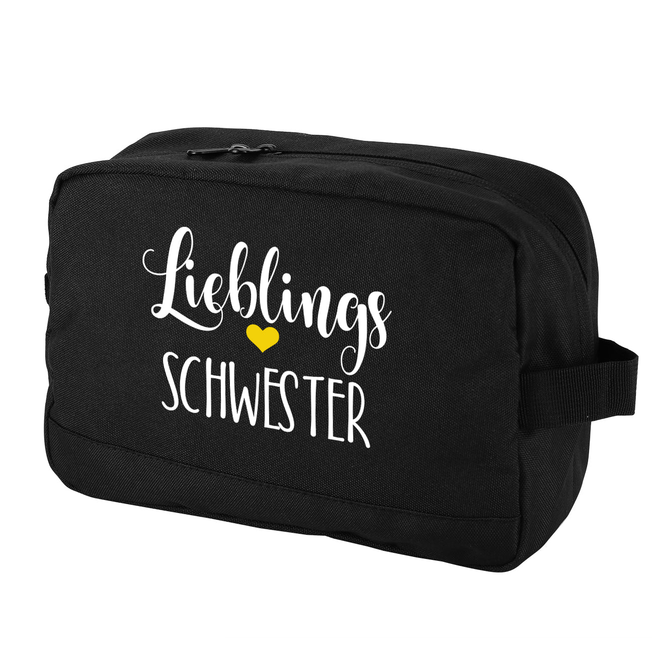 Kulturbeutel mit "Lieblings"-Motiv und Wunschaufdruck in Schwarz freigestellt auf weißem Hintergrund
