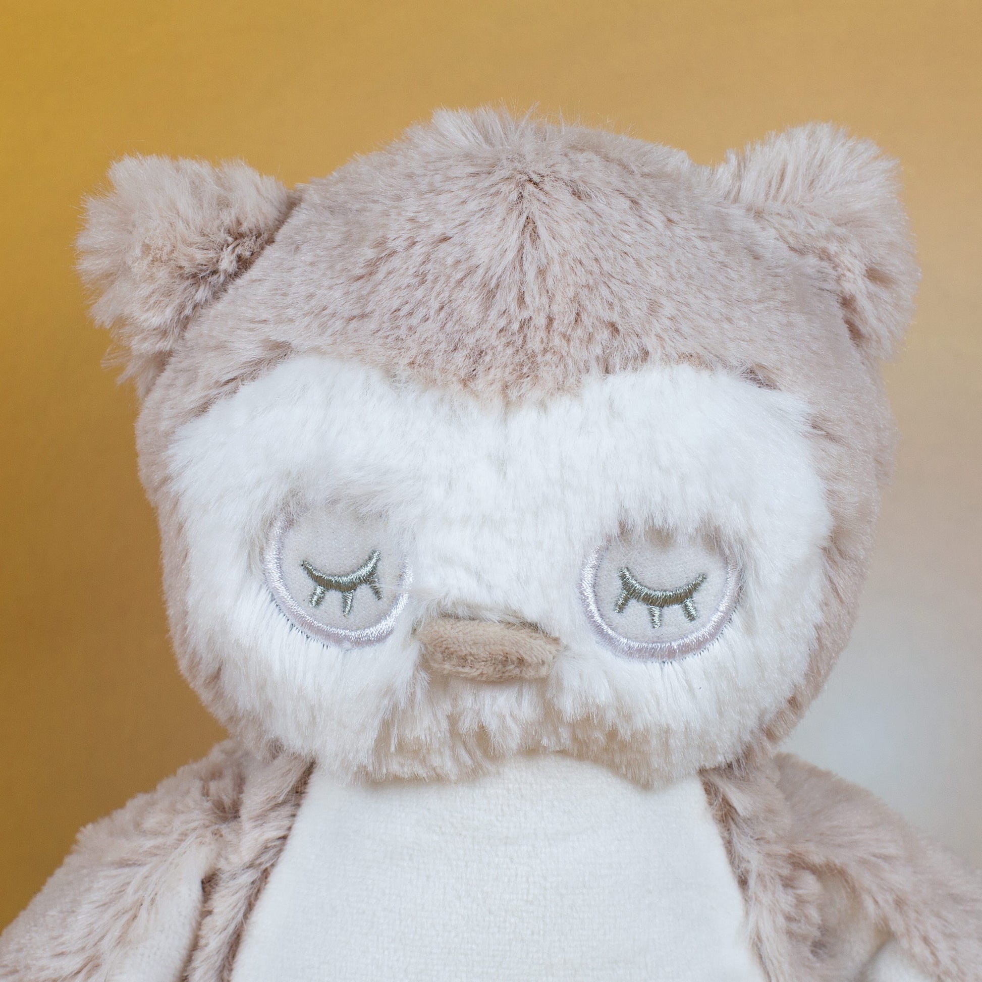 Nahaufnahme des Eulengesichts mit geschlossenen, bestickten Augen und kleinem beigefarbenem Schnabel.