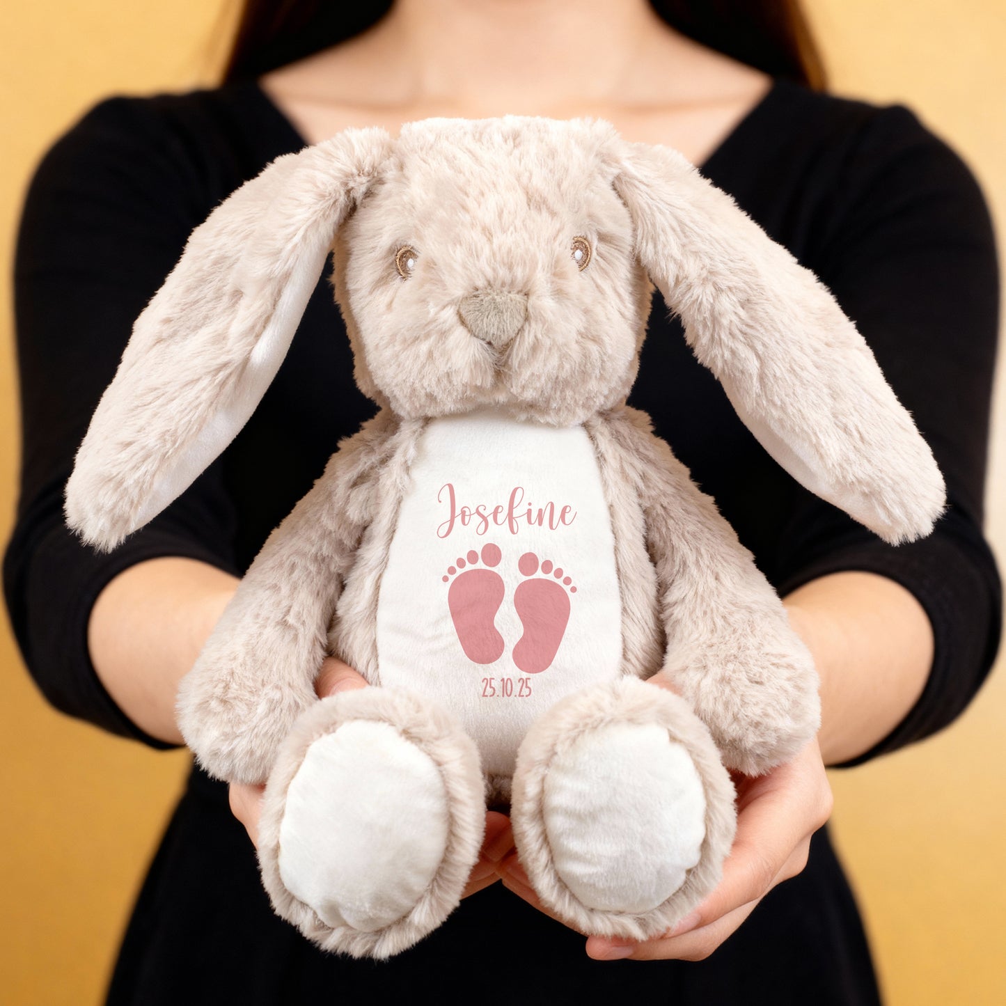 Kuscheltier Hase mit Babyfüßchen | Personalisiert mit Name & Datum zur Geburt & Taufe | Farbauswahl