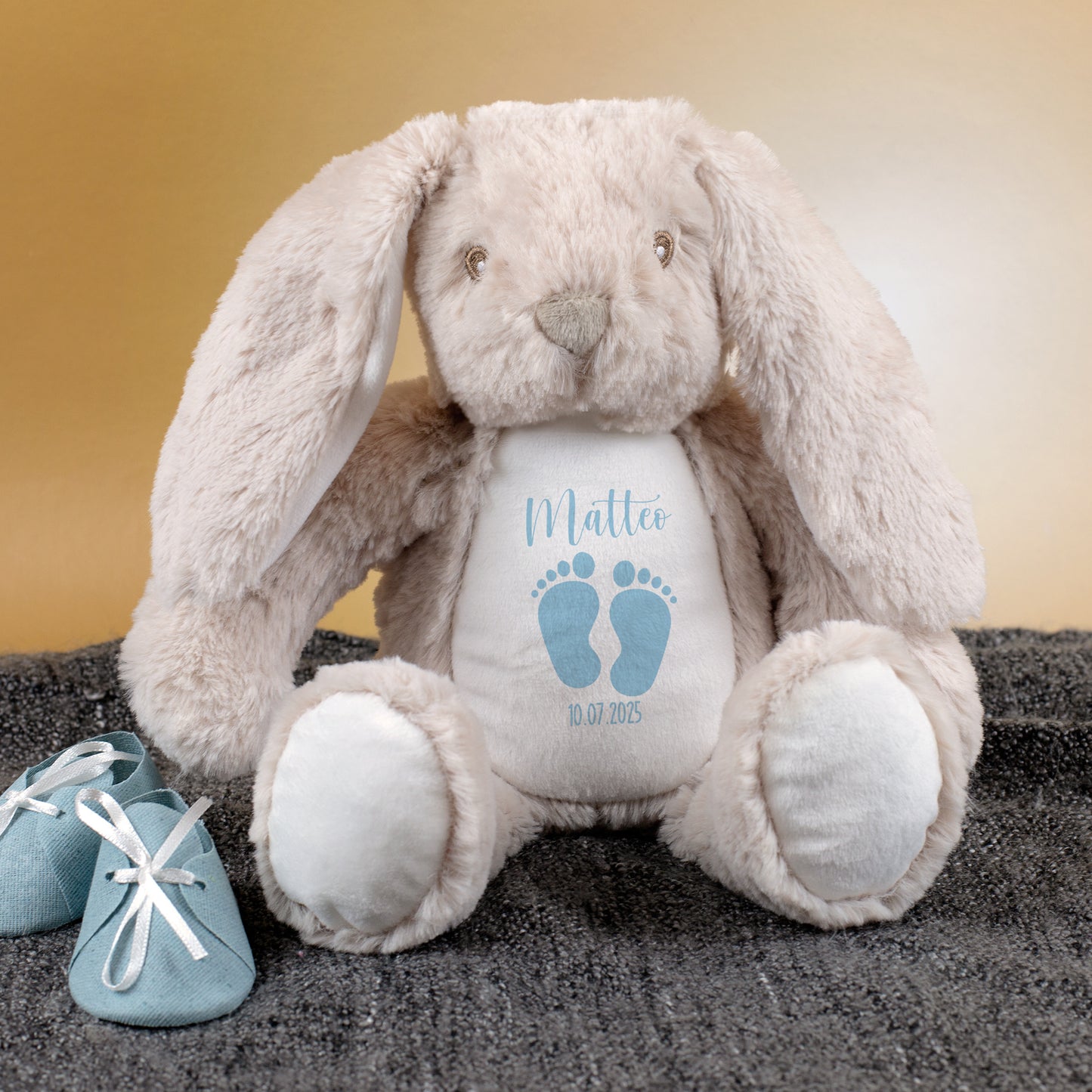 Kuscheltier Hase mit Babyfüßchen | Personalisiert mit Name & Datum zur Geburt & Taufe | Farbauswahl