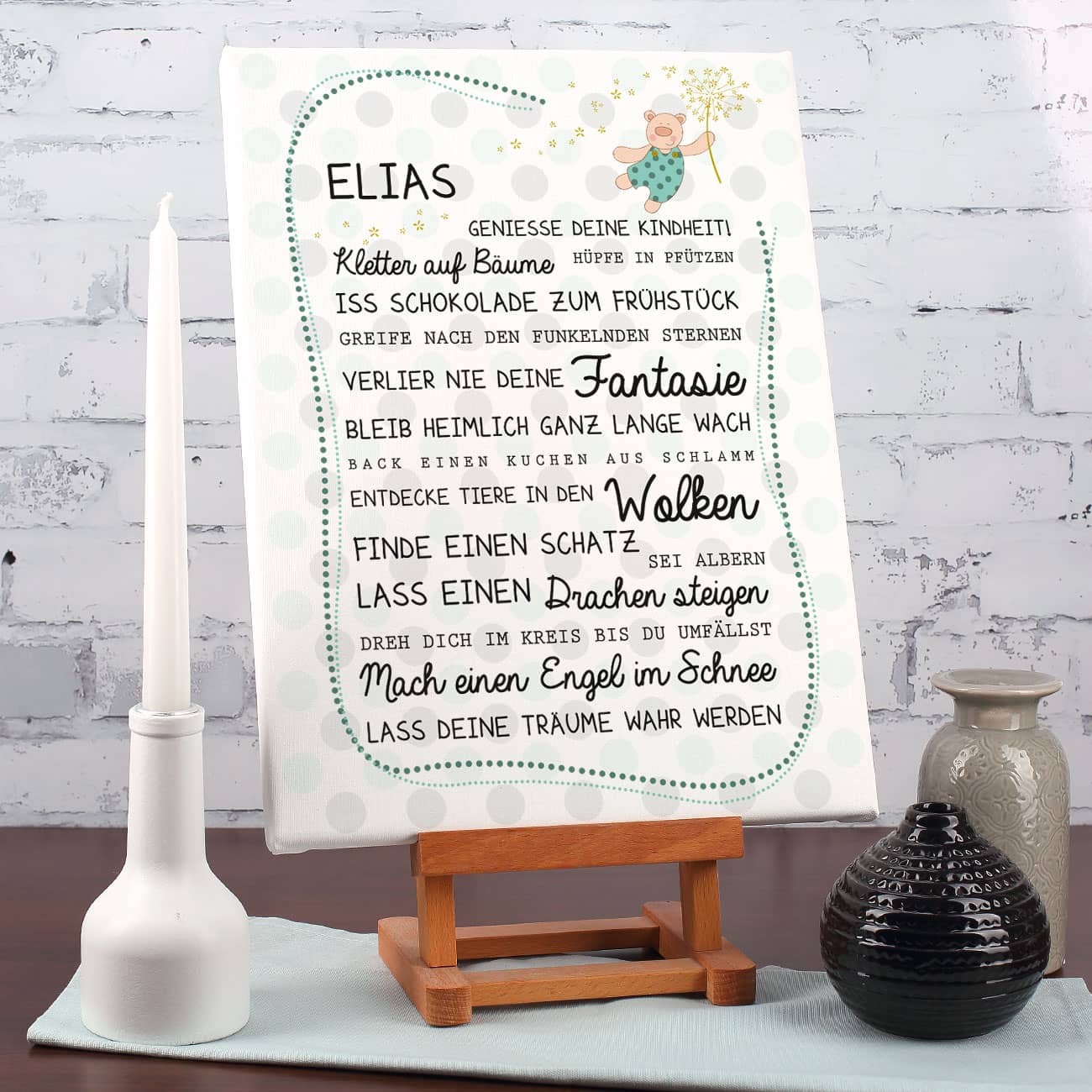 Leinwand für Jungen bedruckt mit Name und Spruch