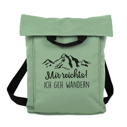 Jadegrüner Rucksack mit Bergmotiv und Spruch „Mir reichts! Ich geh wandern“