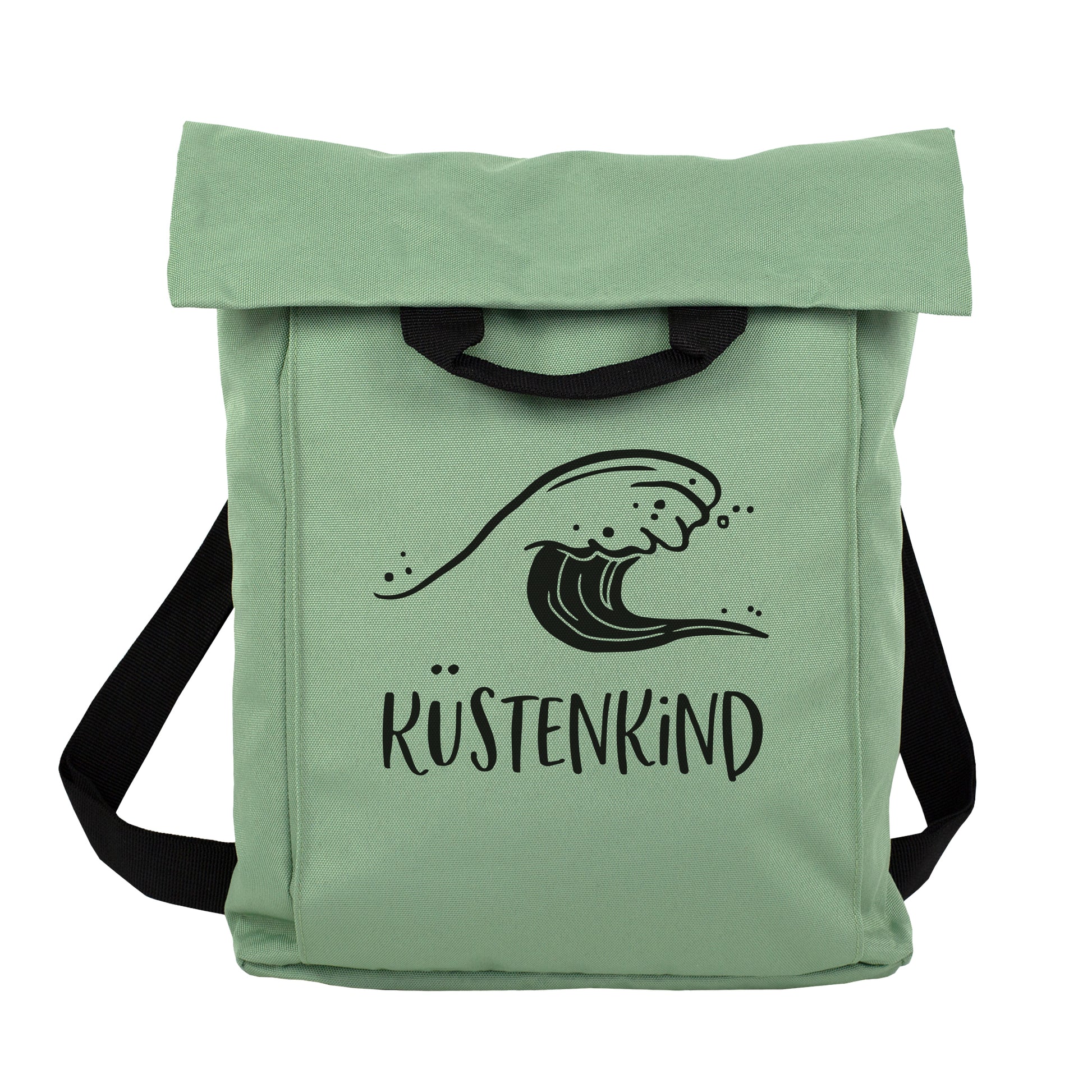 Jadegrüner 2-in-1 Rucksack mit Wellenmotiv und Wunschtext Küstenkind vor weißem Hintergrund