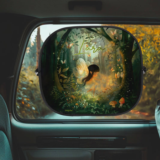 Sonnenschutz für das Autofenster mit mystischer Waldfee und Name bedruckt