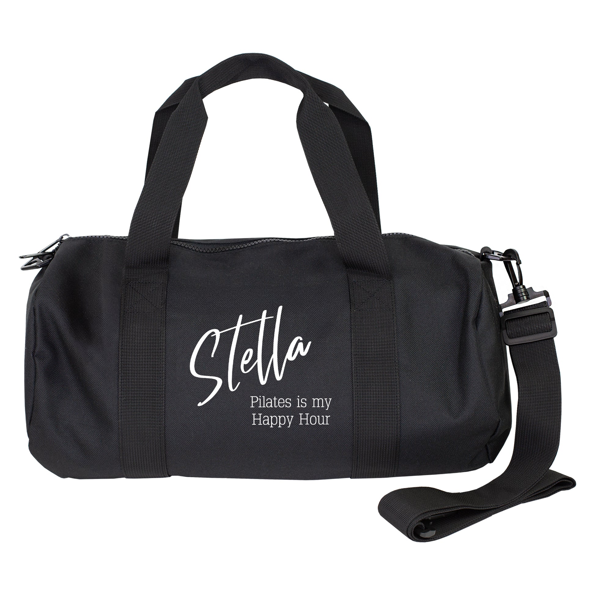 Personalisierte schwarze Sporttasche mit Name Stella und Wunschtext auf weißem Hintergrund als Produktansicht