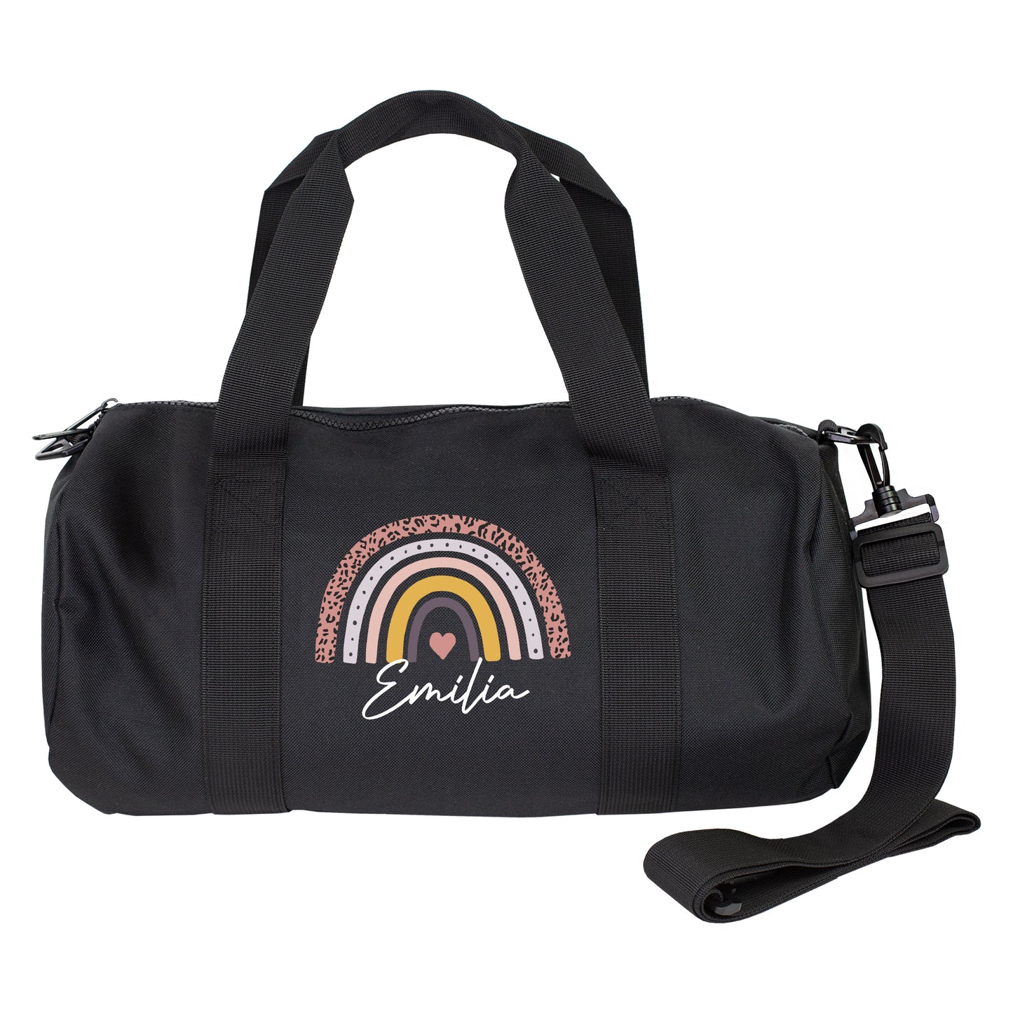 Schwarze Sporttasche mit Regenbogen Motiv und Name Charlotte auf weißem Hintergrund