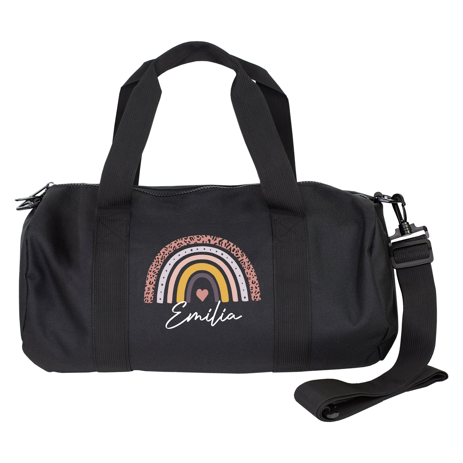 Schwarze Sporttasche mit Regenbogen Motiv und Name Charlotte auf weißem Hintergrund