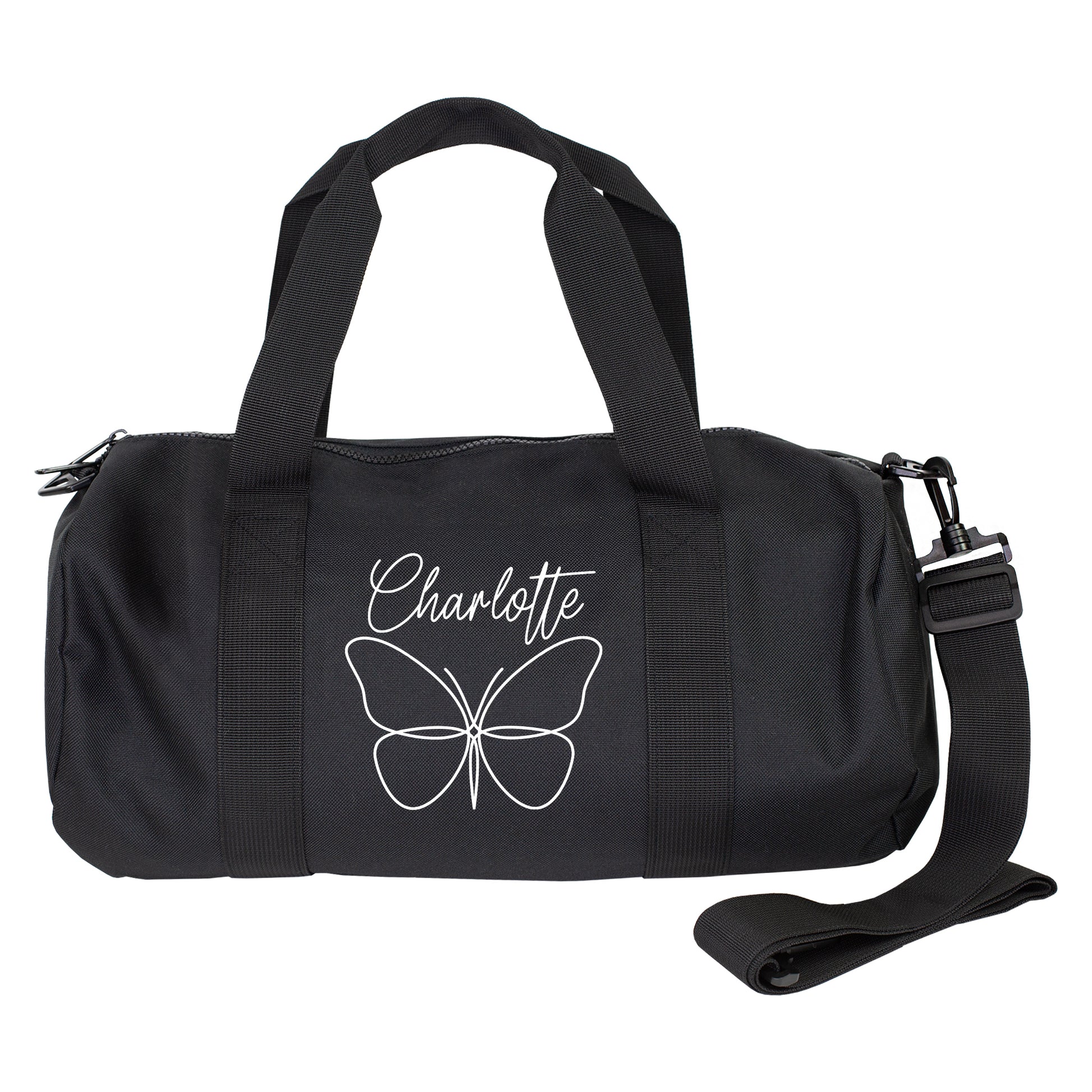 Personalisierte schwarze Sporttasche mit Schmetterling und Name Charlotte mit Schultergurt vor weißem Hintergrund