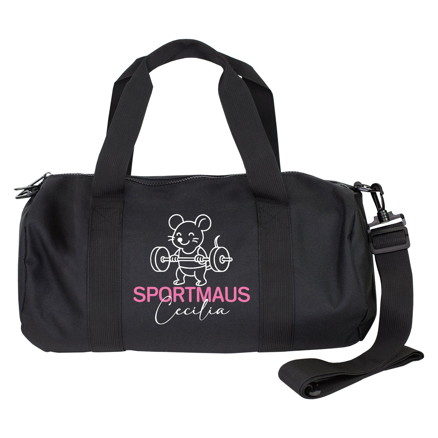 Schwarze Duffle Bag mit Sportmaus Aufdruck und Name Cecilia, Produktansicht auf weißem Hintergrund