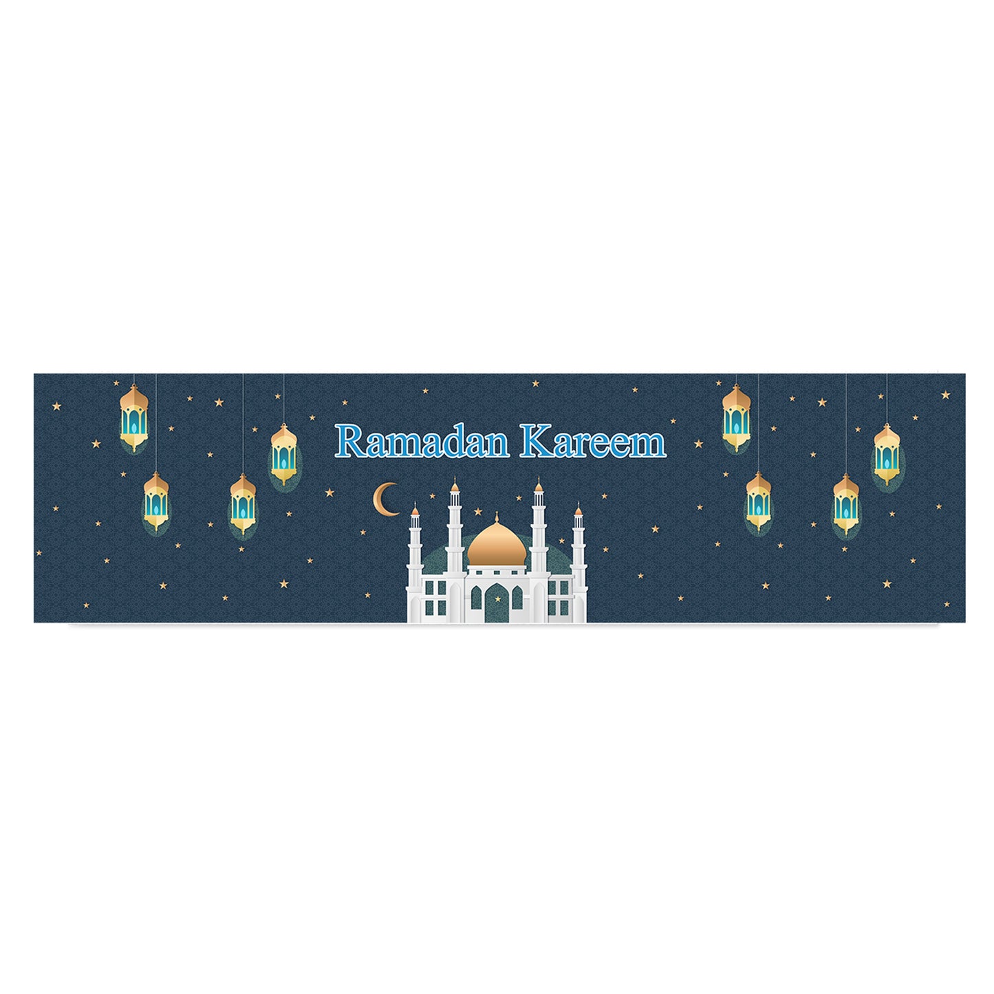 Tischläufer Ramadan Mubarak in Dunkelblau mit Sternenmotiv und orientalischer Moschee freigestellt