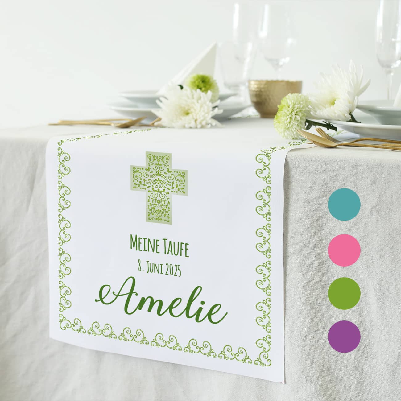 Tischläufer zur Kommunion, Konfirmation oder Taufe mit Name, Datum und ...