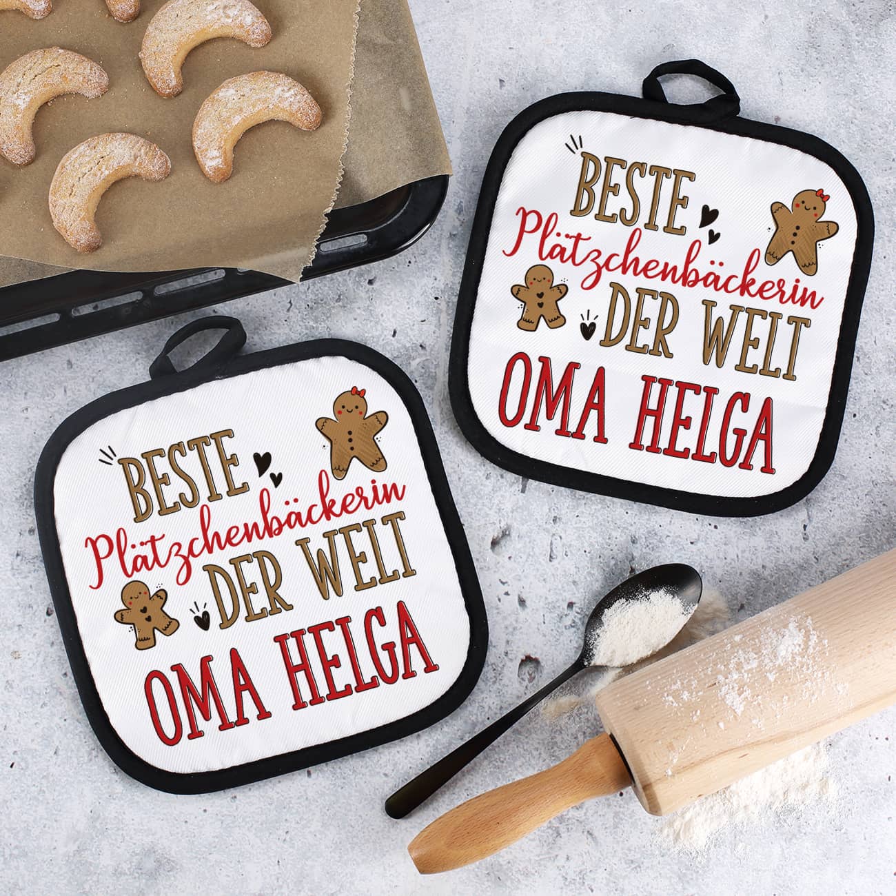 Personalisierte Topflappen für die beste Plätzchenbäckerin mit schwarzem Rand