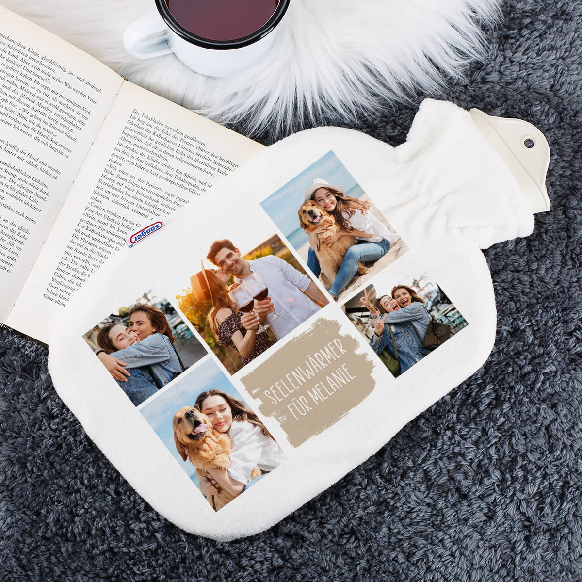 Personalisierte Wärmflasche mit 5 Fotos & Wunschtext – Einzigartiges Geschenk –