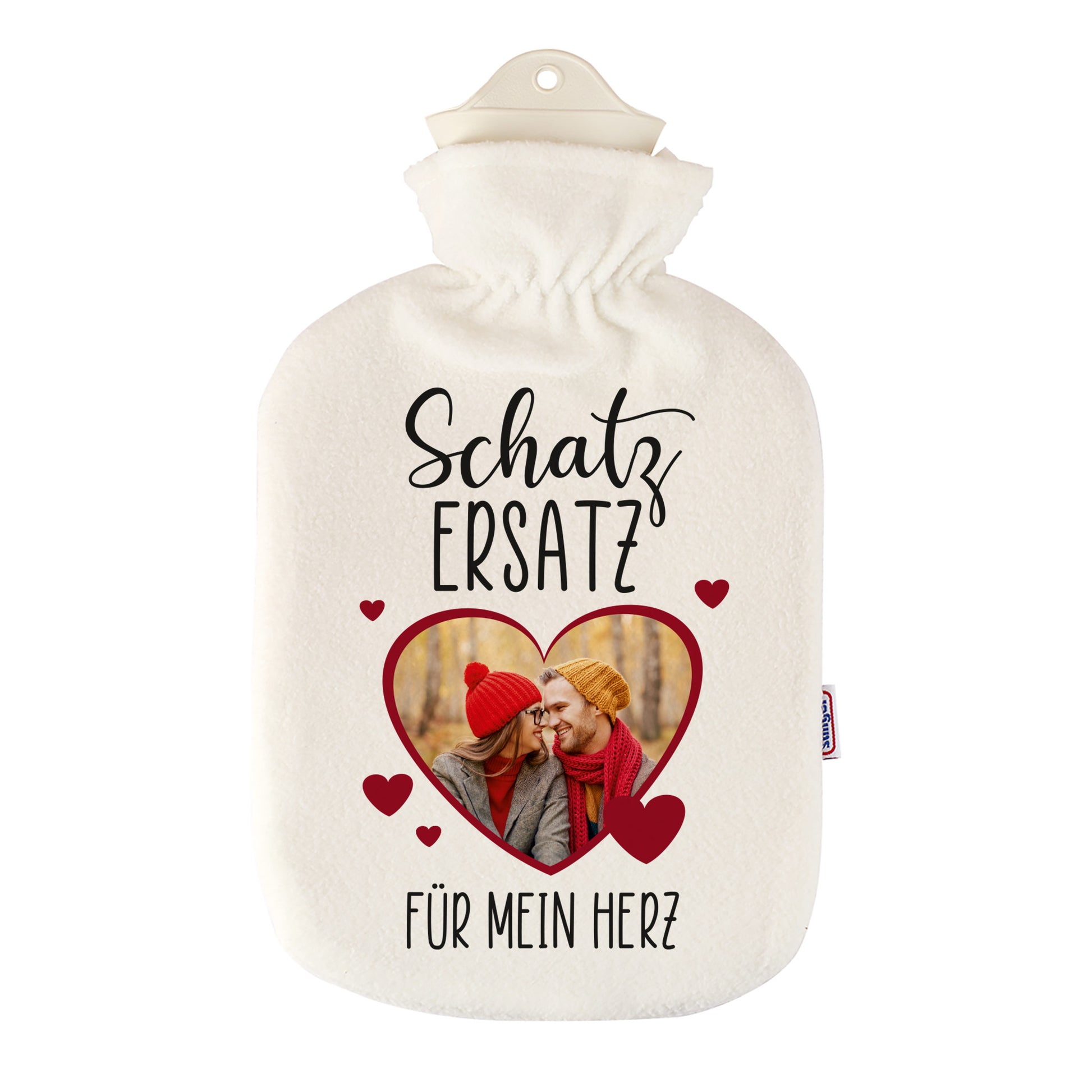 Motiv Schatz Ersatz Wärmflasche mit Foto eines Paares auf weißem Hintergrund