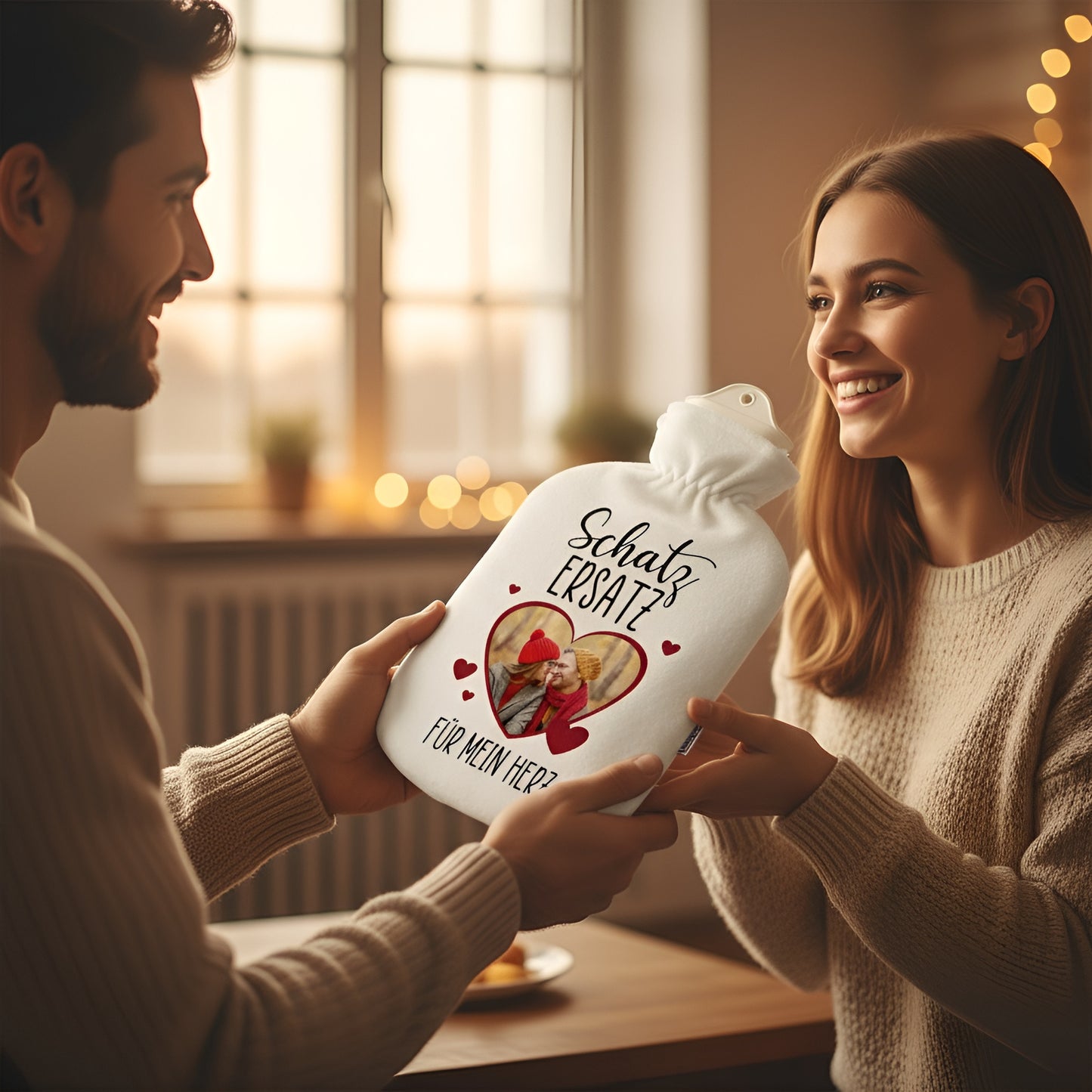 Ein Mann überreicht seiner Partnerin eine personalisierte Wärmflasche mit dem Aufdruck ‚Schatz Ersatz‘ und einem Herzmotiv mit Foto – romantisches Geschenk für Paare.