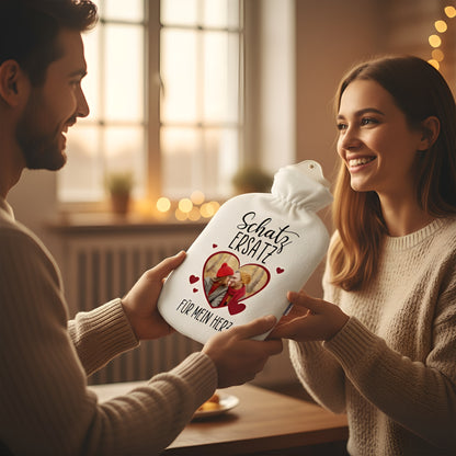 Ein Mann überreicht seiner Partnerin eine personalisierte Wärmflasche mit dem Aufdruck ‚Schatz Ersatz‘ und einem Herzmotiv mit Foto – romantisches Geschenk für Paare.