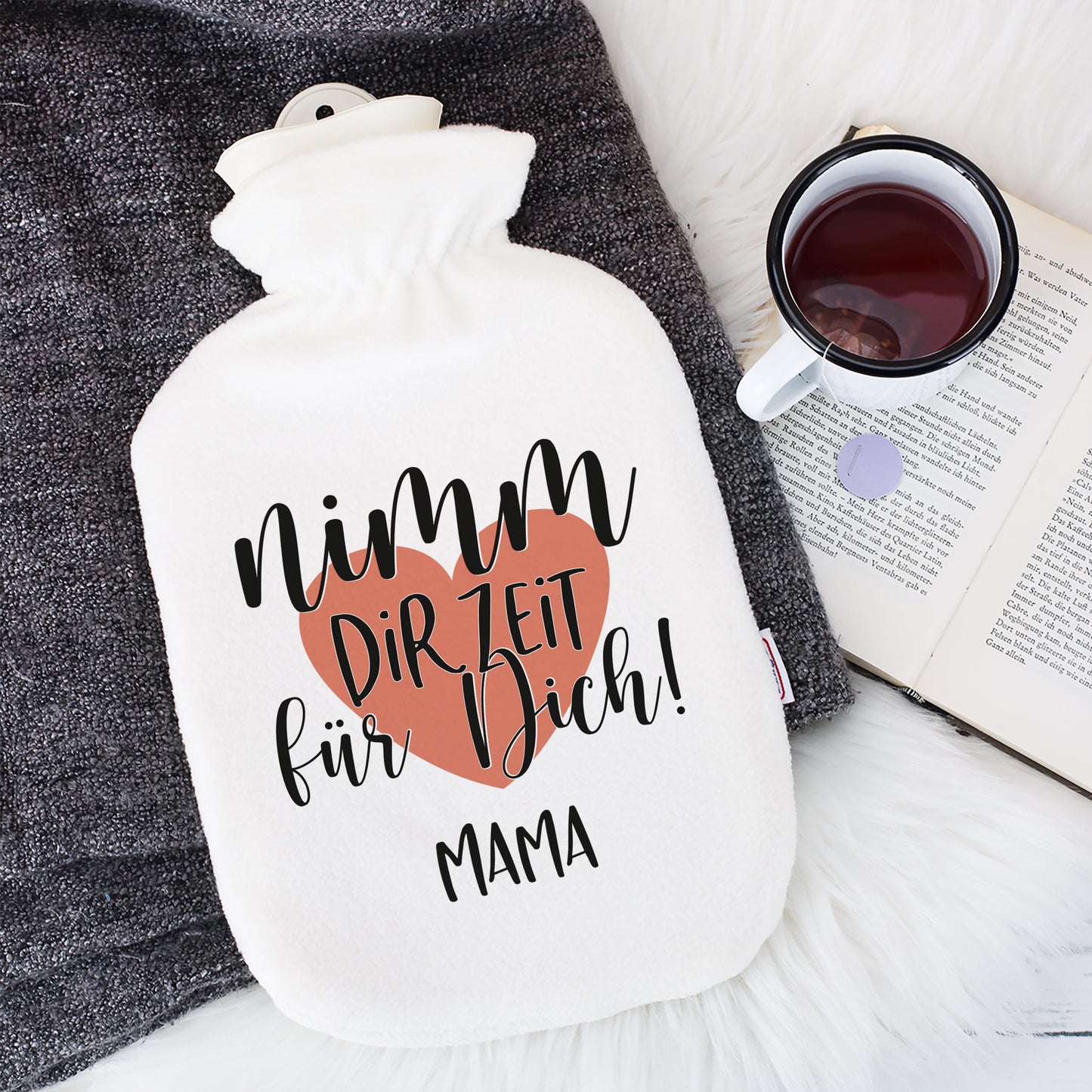 Personalisierte Wärmflasche mit Name und Herz Motiv `Nimm dir Zeit für Dich!' | Achtsamkeitsgeschenk