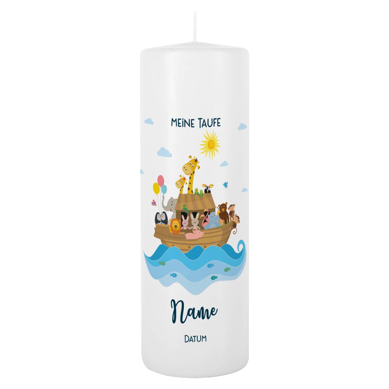 Taufkerze mit Arche Noah, Name, Datum und Taufspruch