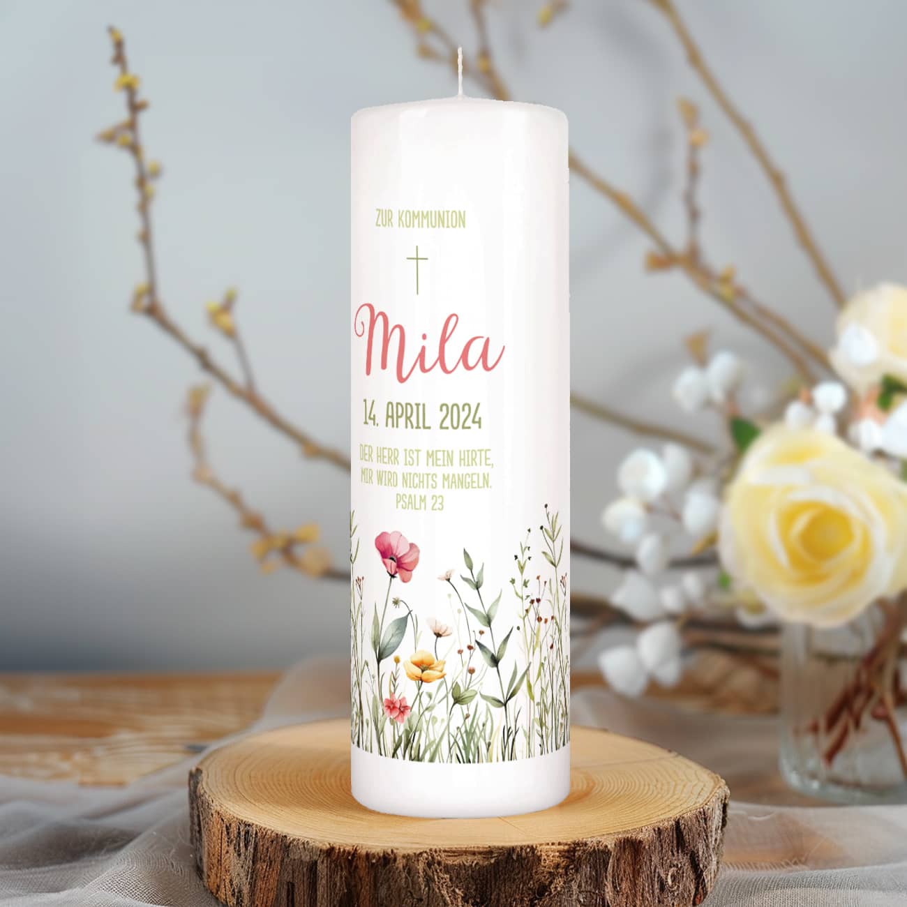 Kerze zur Kommunion mit Blumenmotiv von Wildblumen & Gräsern ...