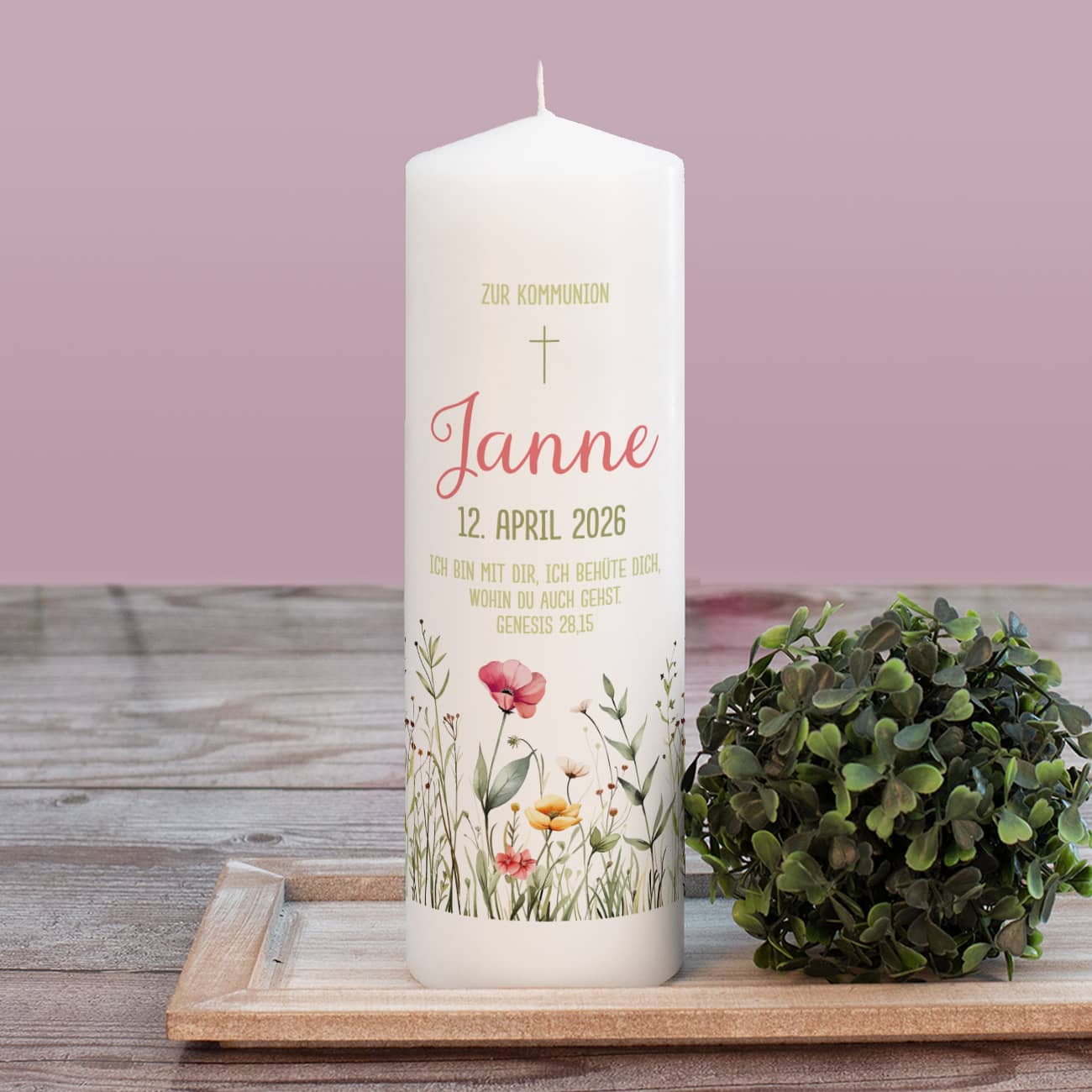 Kerze zur Kommunion mit Blumenmotiv von Wildblumen & Gräsern ...